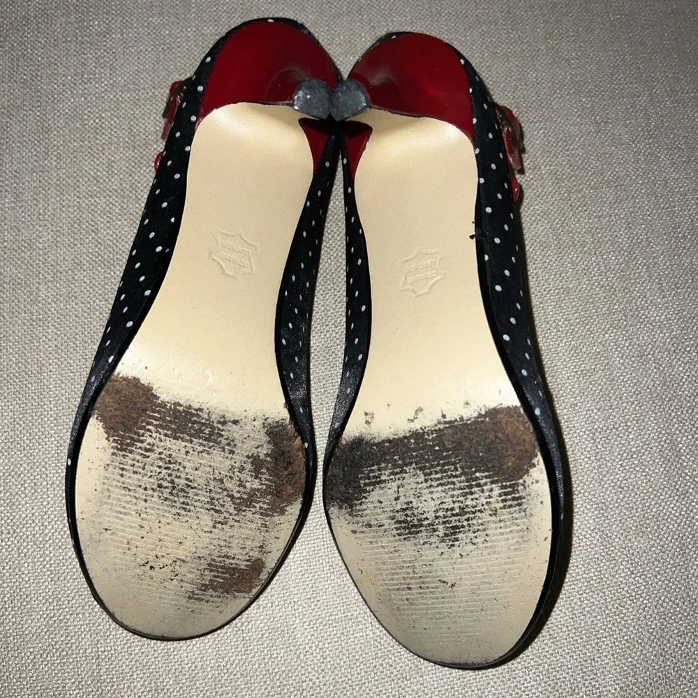 Retro Steve Madden Luvvy Black Polka Dot Heels Red Buckle Strappy 6M Rockabilly - Picture 6 of 11